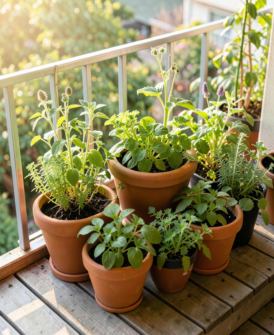 Terracotta pots of herbs and young vegetable plants on a sunny wooden balcony