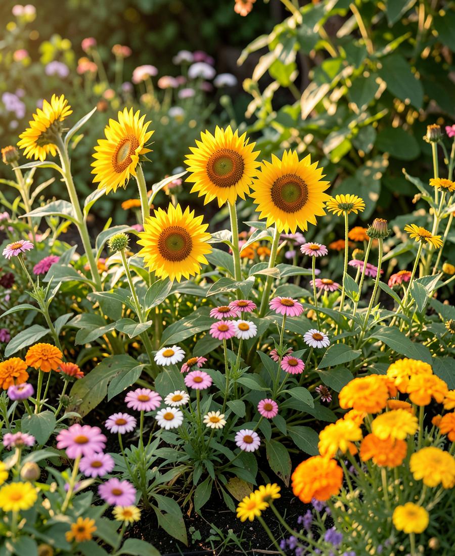Sunflowers, zinnias, marigolds and daisies flowering together in a sunny cottage border