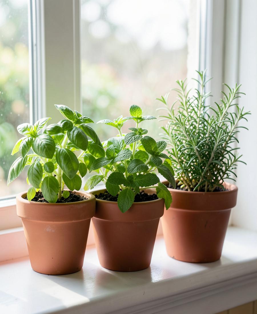 Basil, mint and rosemary growing in terracotta pots on a bright windowsill
