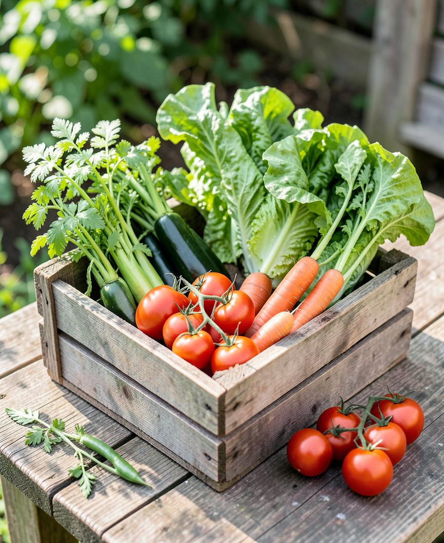 Wooden crate of freshly picked tomatoes, carrots, lettuce and zucchini on a garden table