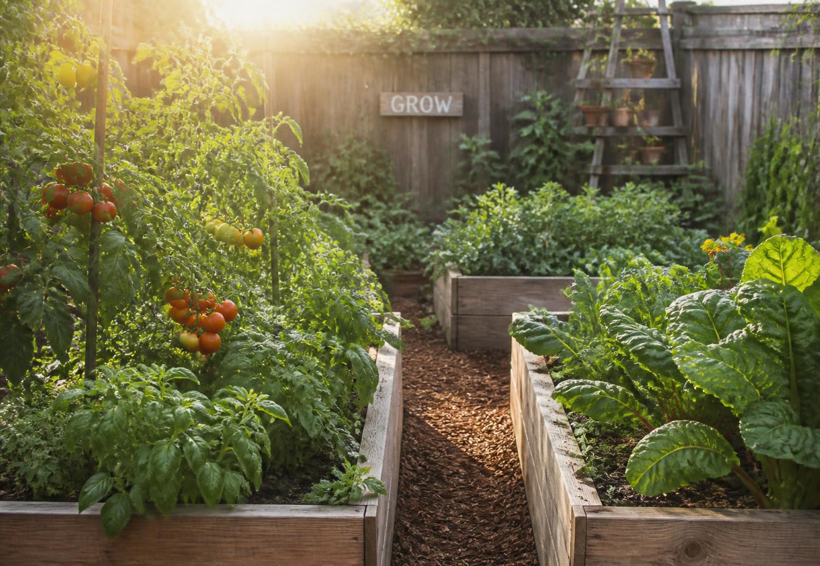 A backyard vegetable garden with raised beds in warm evening light