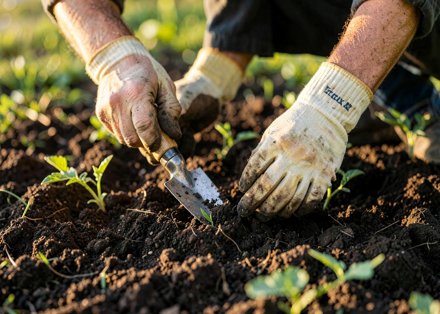 A gardener planting a young seedling into prepared garden soil with a trowel